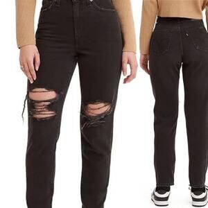Levi's Women's High Waisted Mom Jeans, Black Destructed, 26 x 27